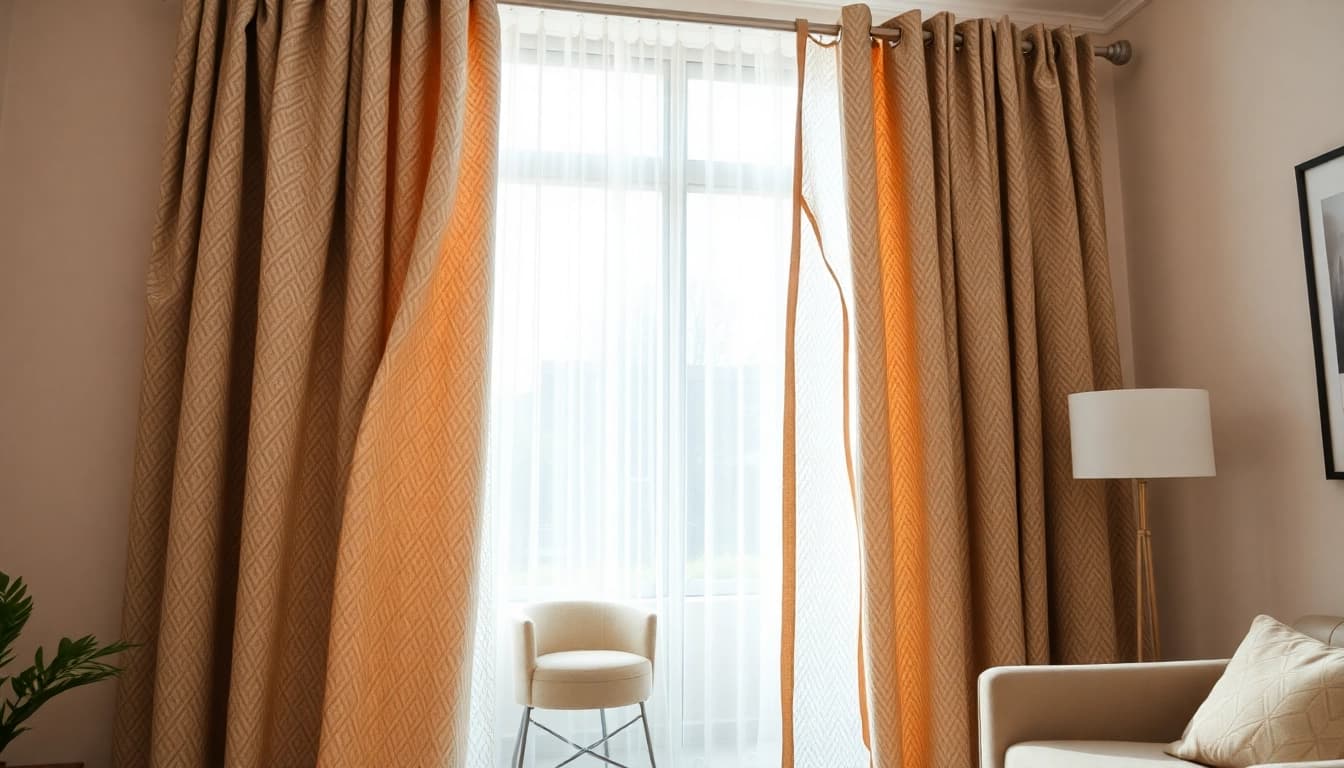 Stof voor gordijnen in een stijlvolle woonkamer, benadrukt door natuurlijk licht.