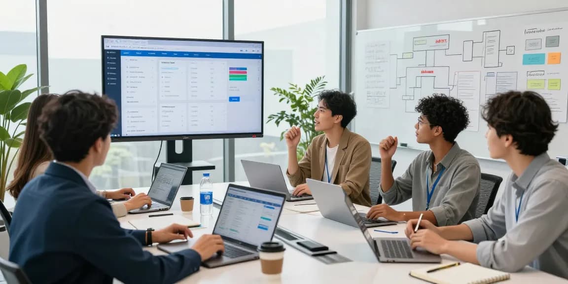 Team collaborating on a service business automation platform in a modern office setting, showcasing innovative workflow solutions.