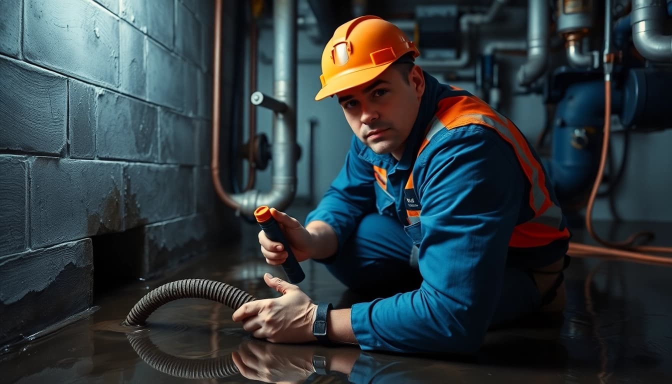 Emergency plumbing help for sewer backup with a professional plumber addressing a flooded basement crisis.