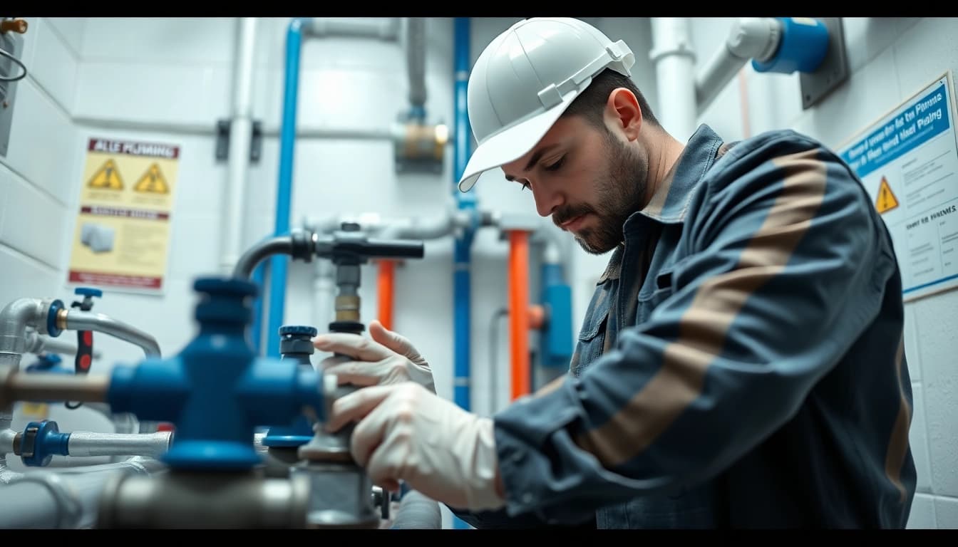 Plumber north shore fixing pipes in a bright, organized workspace, showcasing expertise and professionalism.