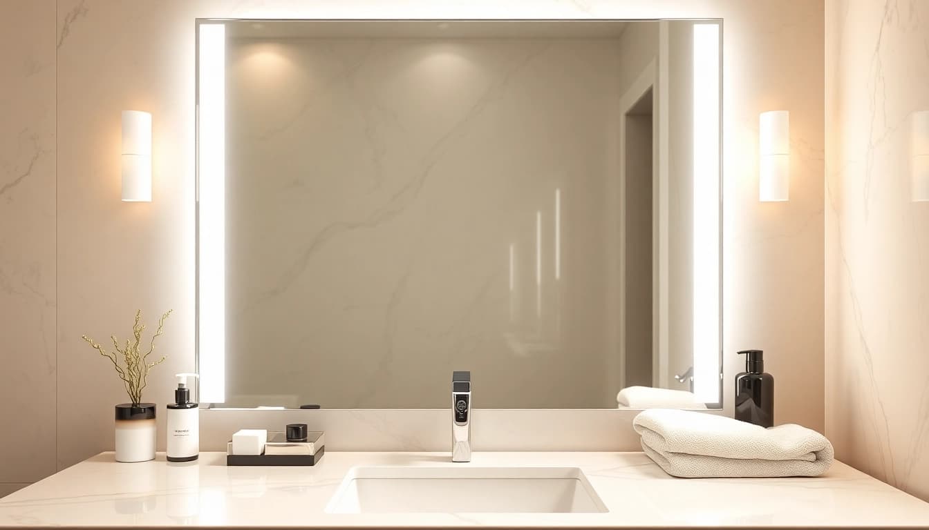 Admire the exquisite elegant led mirror reflecting a stylish bathroom setting.