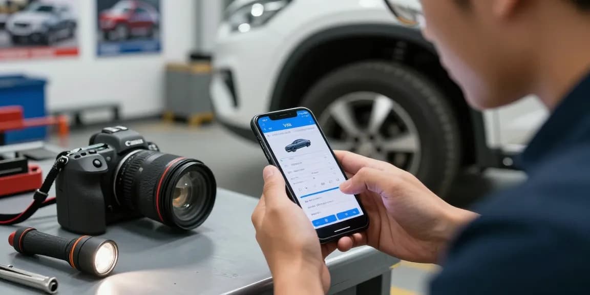 Person checking carfax report on smartphone while inspecting a used car.