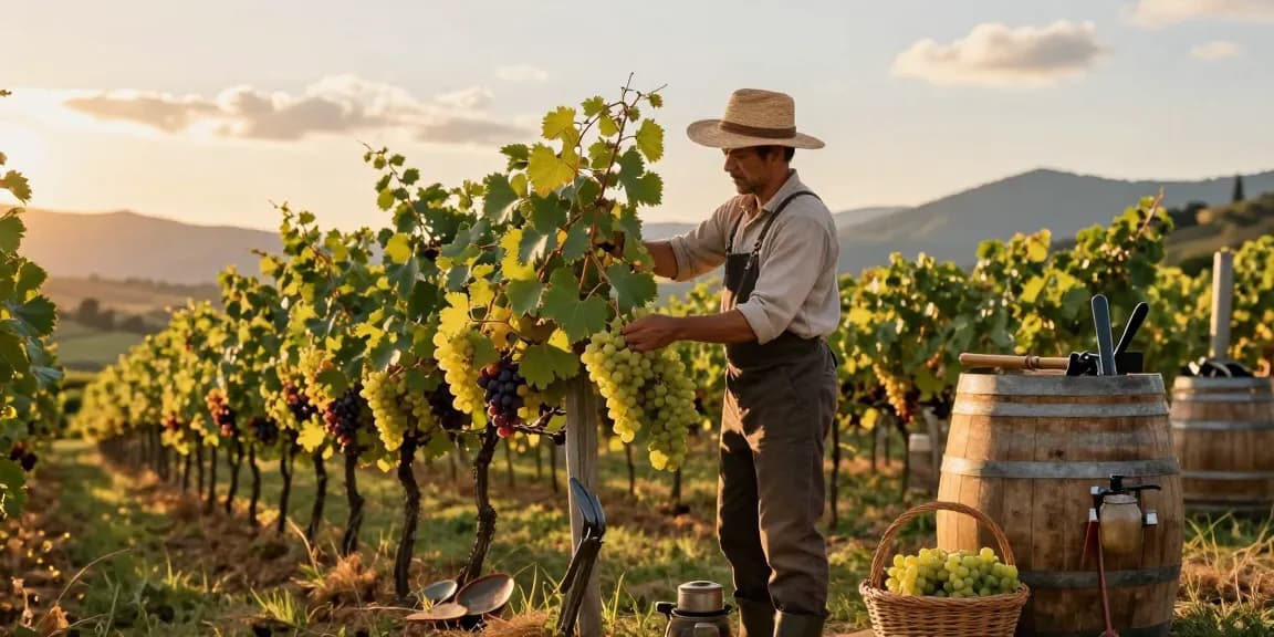 Vineyard worker harvesting grapes in the LI Press setting, golden hour light enhancing the vibrant landscape.