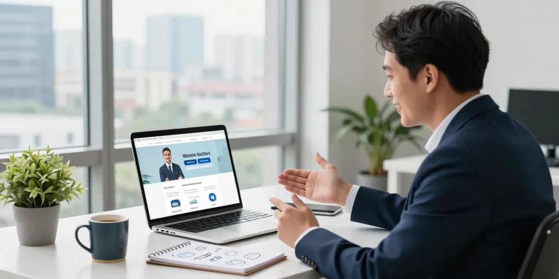 Business professional discussing websites with no upfront costs during a video call in a bright office