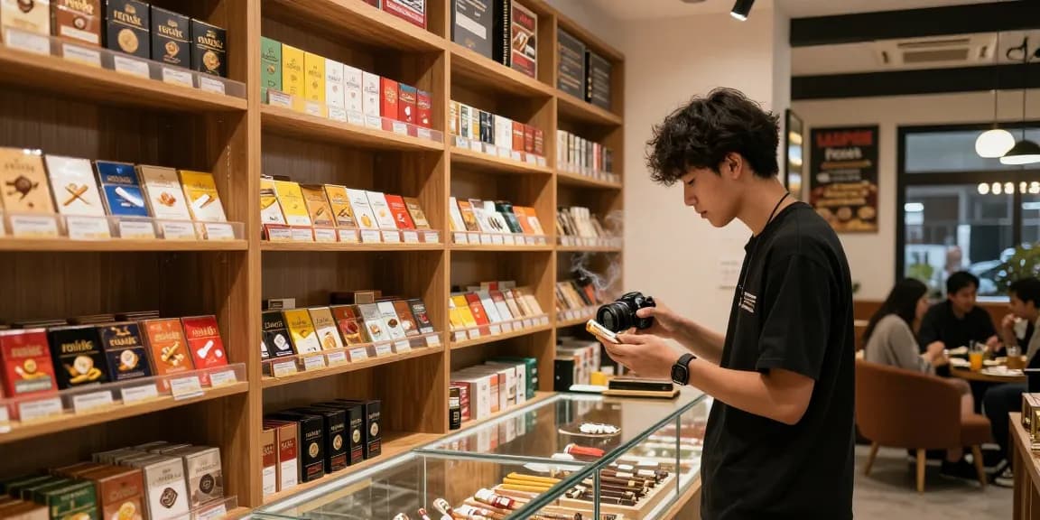 Browsing rokok 88 in a stylish tobacco shop with premium selections.