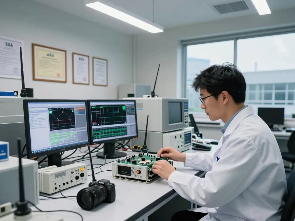 Engineer conducting FCC certification tests in advanced EMC lab with high-tech equipment and compliance metrics displayed.