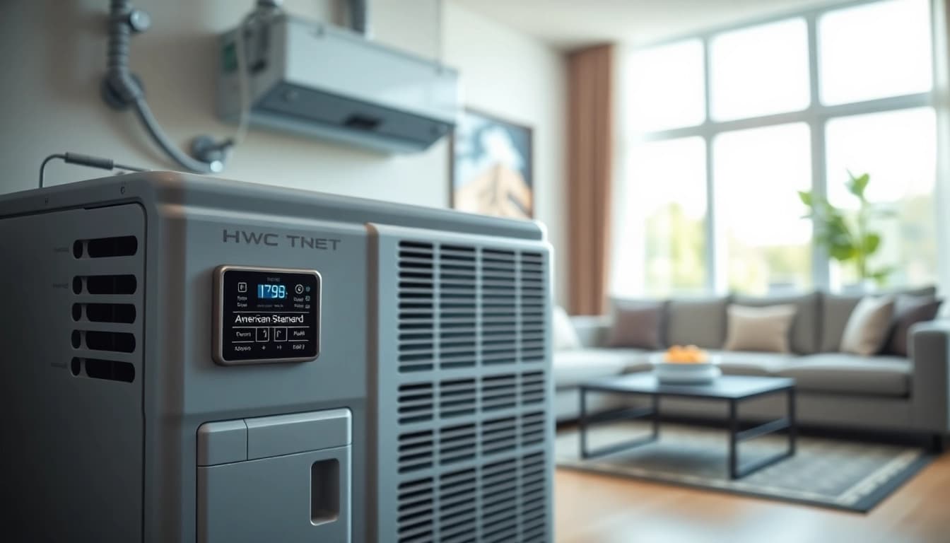 Showcasing an American Standard HVAC unit in a cozy living room, highlighting cooling efficiency and comfort.