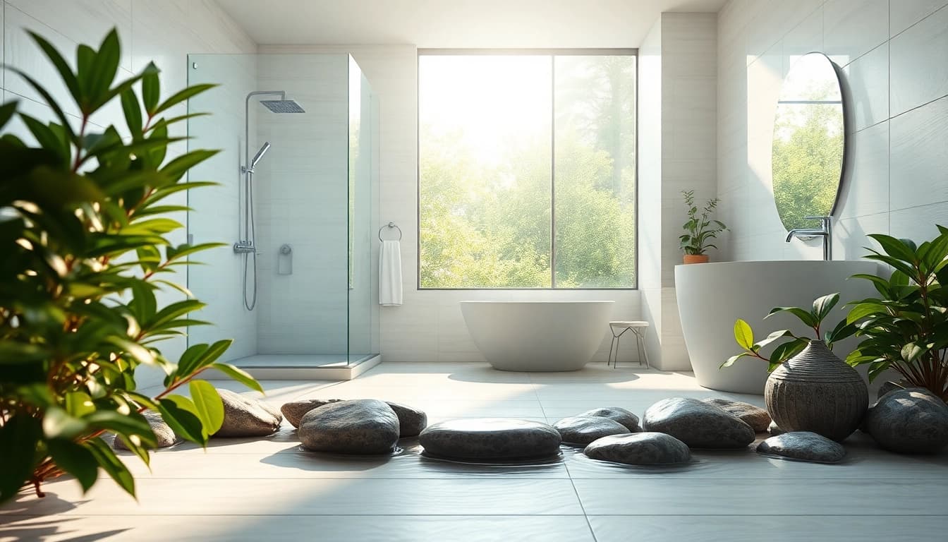 Experience elegant showers in a modern, tranquil bathroom setting featuring lush greenery and natural light.