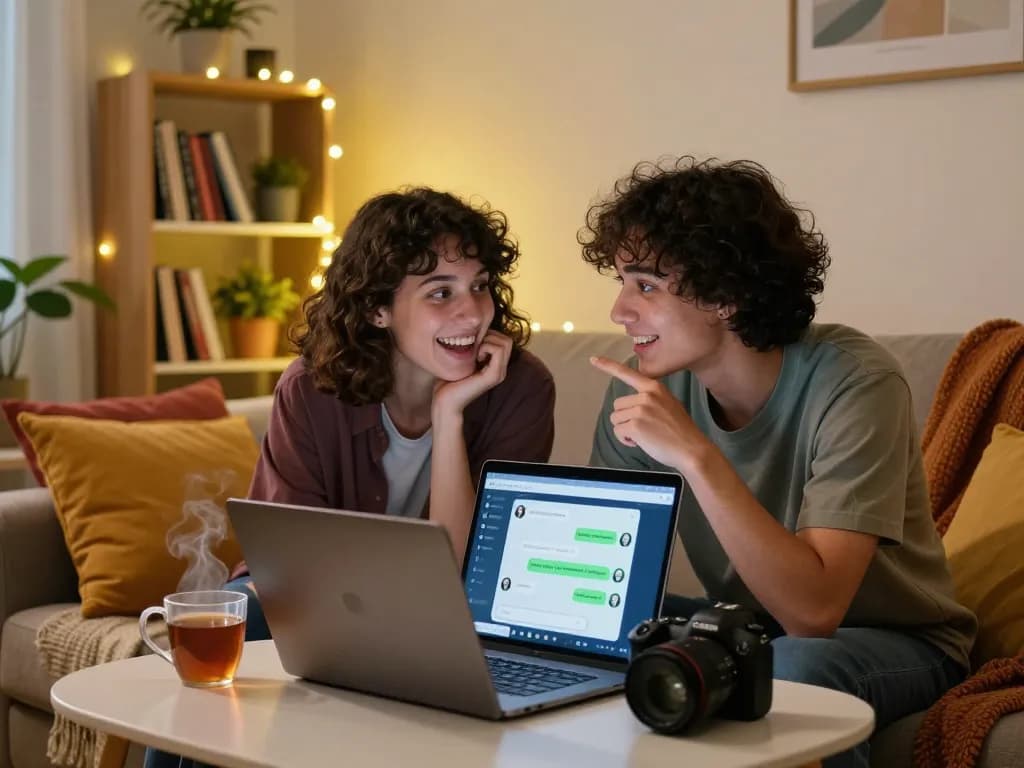 Engaging in free ai sex chat with friends in a cozy room, showcasing playful interaction.