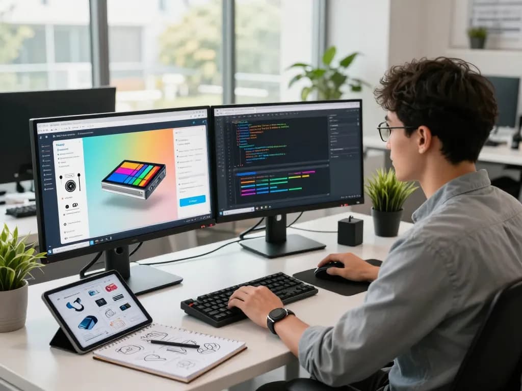 Dynamic tech workspace showcasing 3D product configurator software in action on dual monitors, highlighting innovative design.