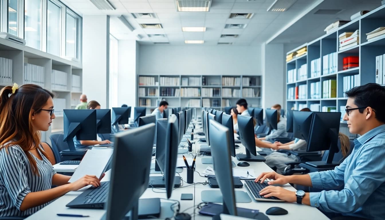 Typing Center professionals efficiently handling documents in a bright office.