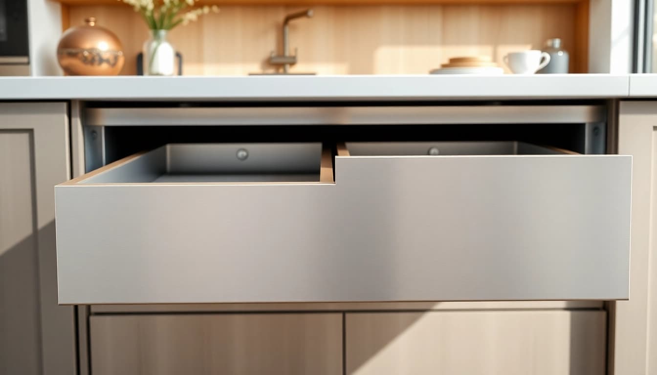 Showcase the functionality of a Double Wall Drawer System in a stylish kitchen environment.