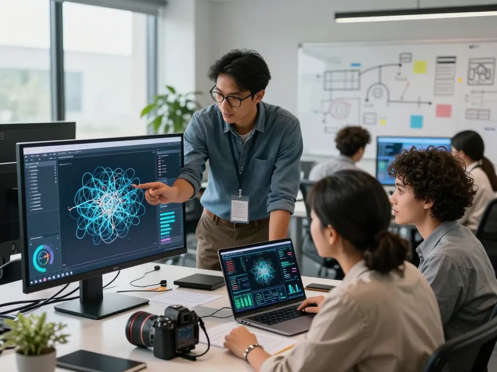 Tech professionals collaborate using mind control ai tools in a modern office.