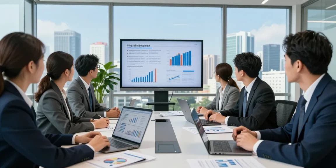 Finance team meeting discussing worldwide commercial project finance strategies in an urban office.