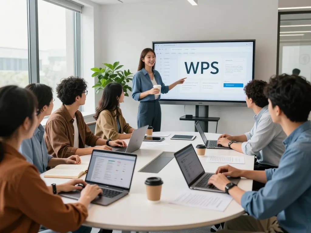 Team collaboration at wps官网 showcasing WPS Office tools in a vibrant office setting.