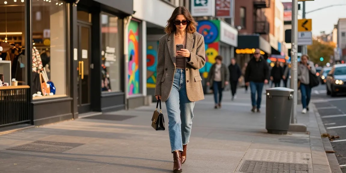 Fashionable woman showcasing urban street style with chic blazer and accessories in vibrant city.