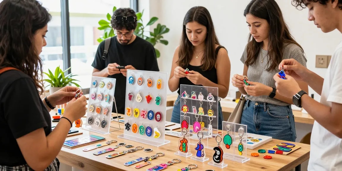 Discover custom keychains displayed on a vibrant shopping table, showcasing colorful designs and diverse materials.