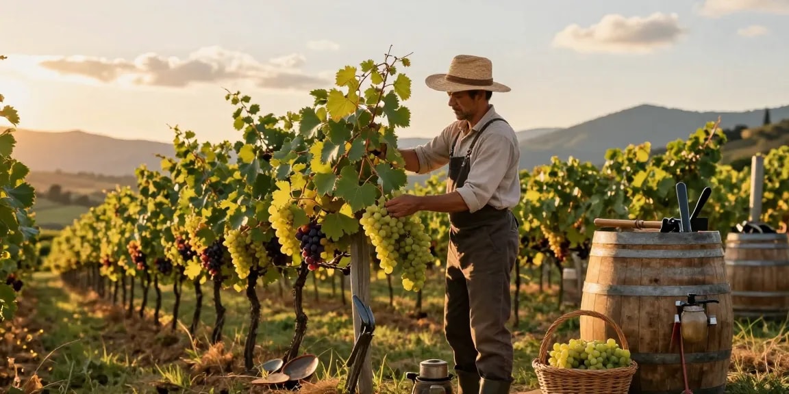 Vineyard worker harvesting grapes in the LI Press setting, golden hour light enhancing the vibrant landscape.