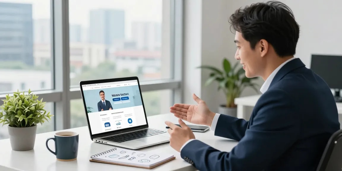 Business professional discussing websites with no upfront costs during a video call in a bright office
