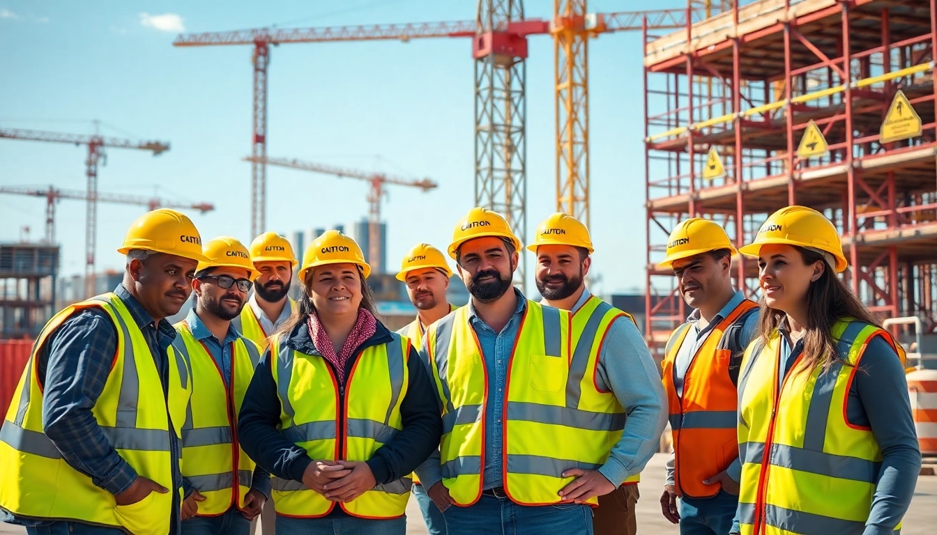 Workers implementing construction site safety measures with visible safety gear.