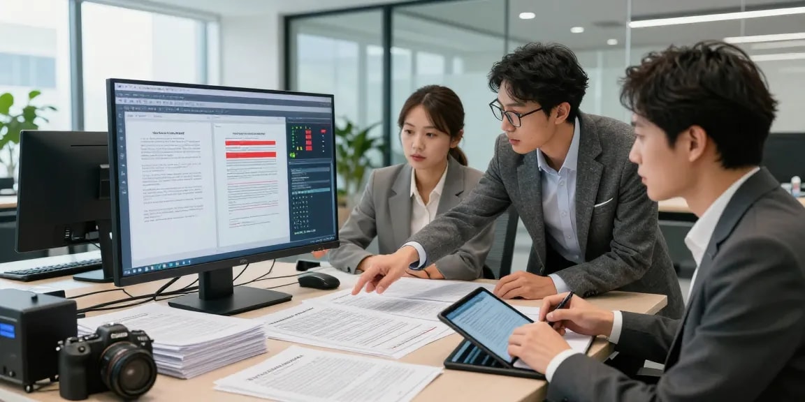 Document fraud detection team analyzing discrepancies in a modern office setting.
