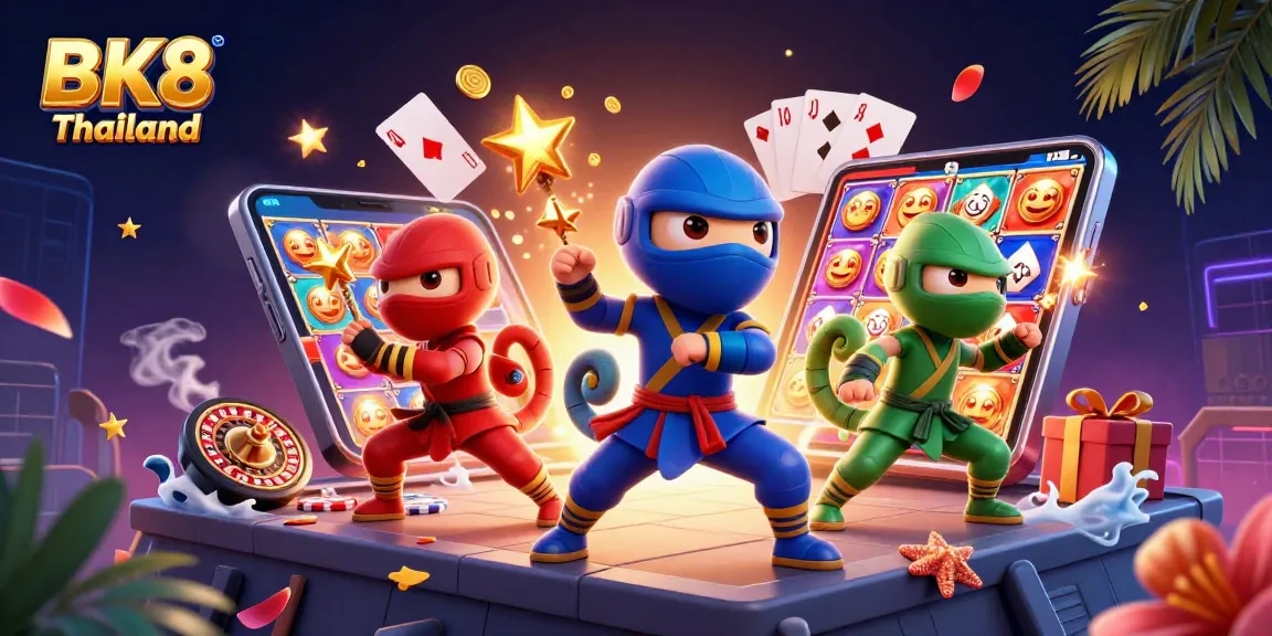 Experience the thrill of BK8 Thailand with a dynamic chameleon ninja team in a colorful casino scene.