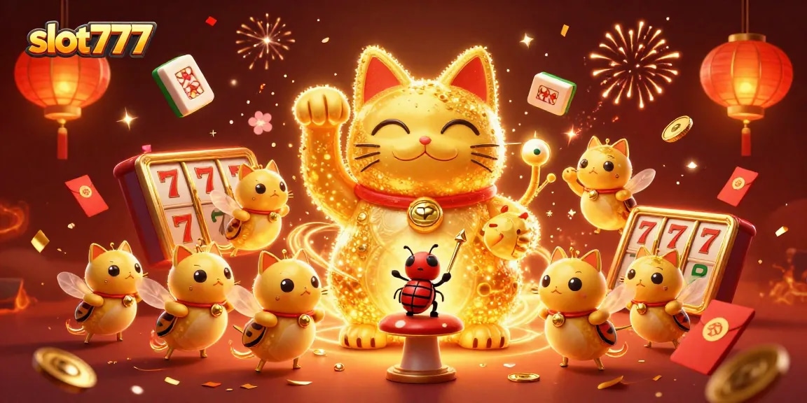 Try your luck with slot777 as golden fireflies shift into a giant lucky cat among vibrant casino symbols.