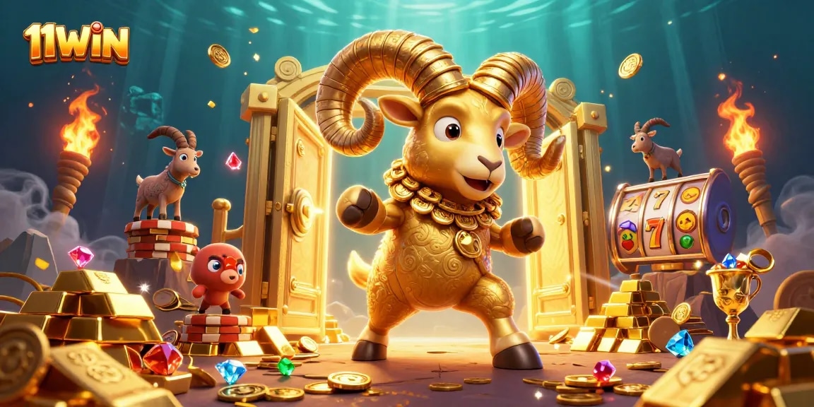 Experience the exciting treasures of 11WIN with golden elements and dynamic casino symbols.