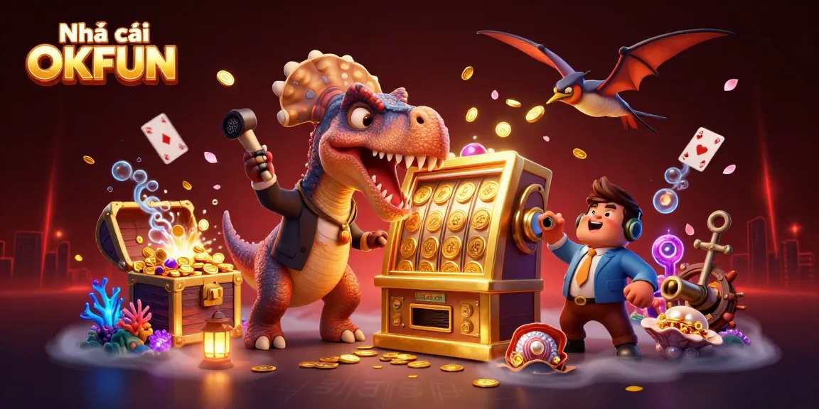 Experience exciting thrills at Nhà cái OKFUN with vibrant avatars enjoying casino wins.