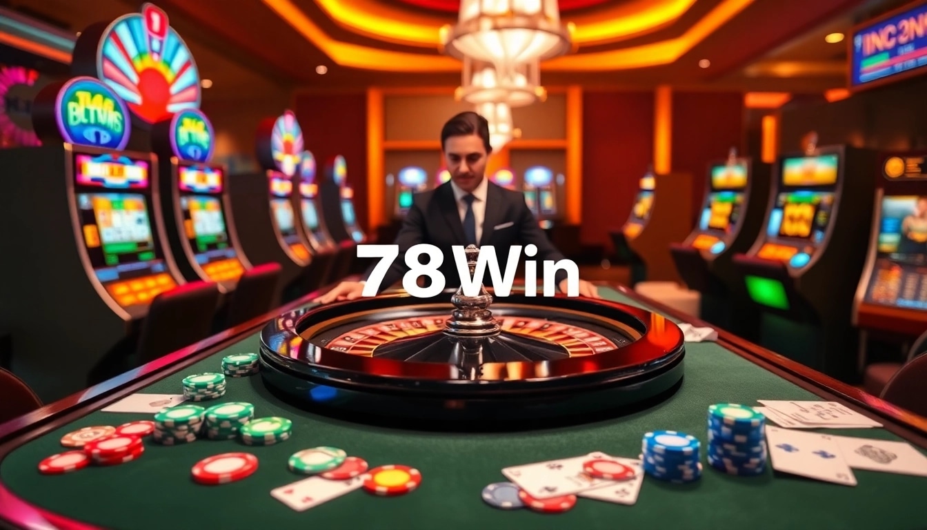 Engaged players at a festive 78Win casino table, experiencing excitement with roulette and poker.