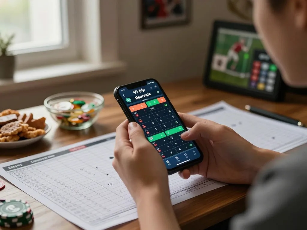 Tỷ lệ kèo nhà cái 5 displayed on smartphone during exciting sports betting session with friends.