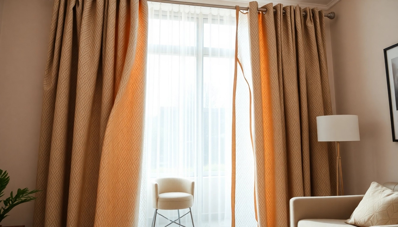 Stof voor gordijnen in een stijlvolle woonkamer, benadrukt door natuurlijk licht.