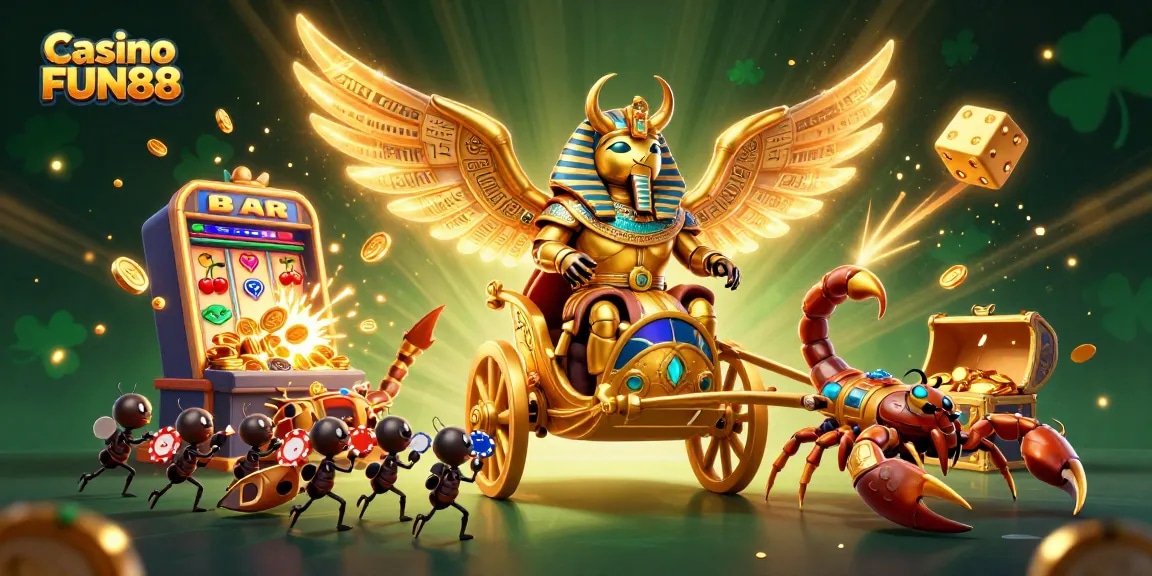 Engage with Casino FUN88, featuring vibrant slot action, golden beetles, and a jackpot explosion.