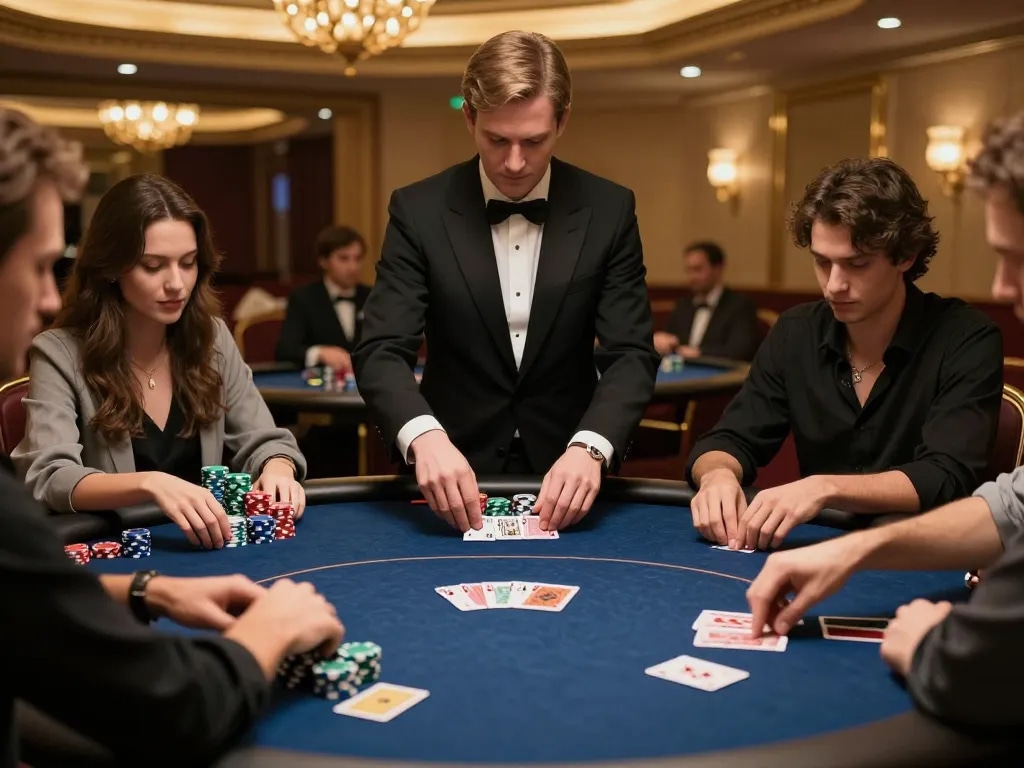 Engaged players strategizing in a debet poker game surrounded by luxury casino decor.