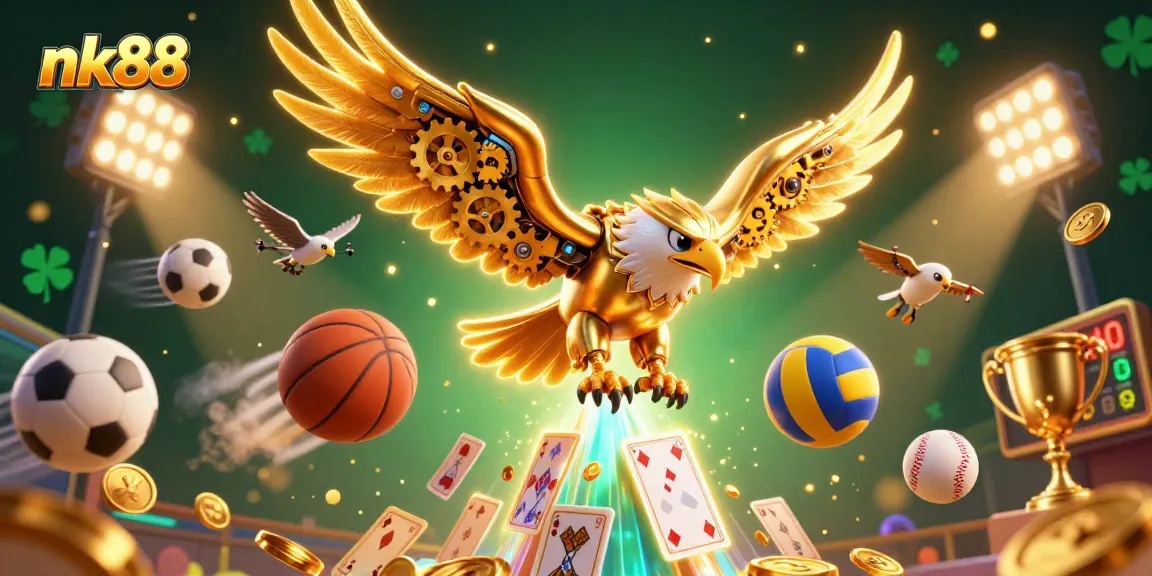 Engage with nk88’s dynamic online casino experience featuring a golden eagle and vibrant sports elements.