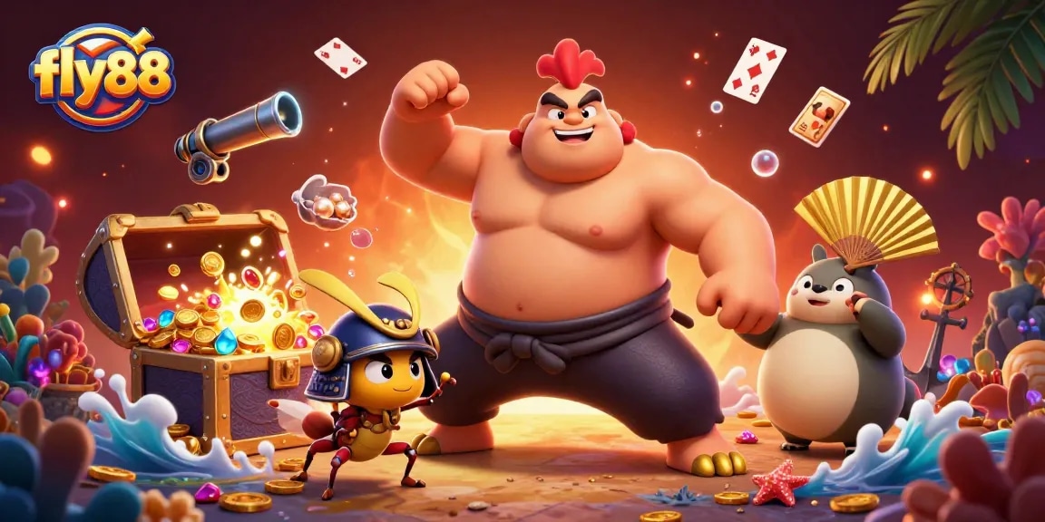 Engaging scene at fly88 with a sumo wrestler rooster, samurai cricket, and tanuki announcer surrounded by treasures.