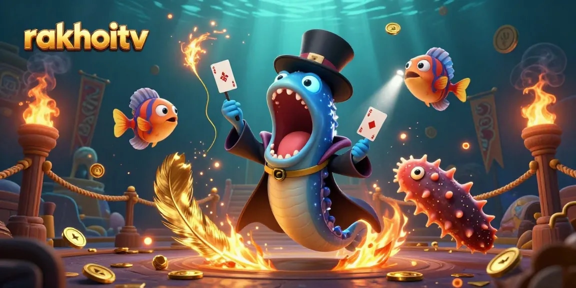Engage with rakhoitv's thrilling gambling experience amid swirling gold coins and dynamic card performances.