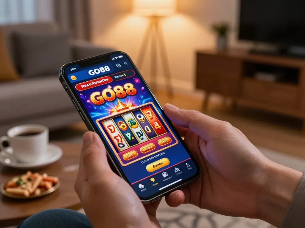 Engaging smartphone interface of GO88 app showcasing slot game in a cozy home setting