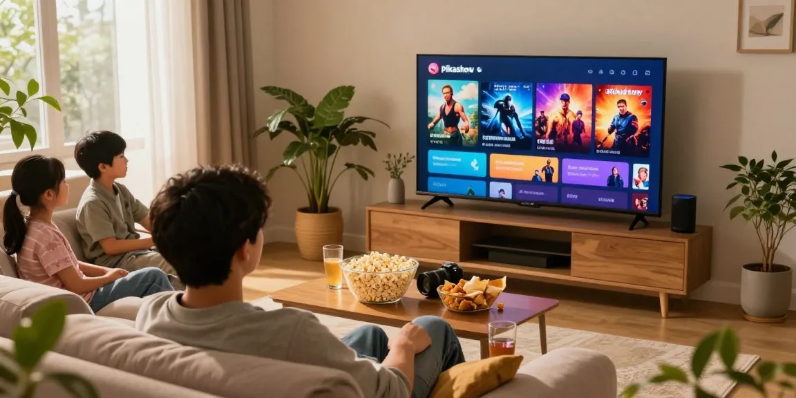 Enjoying a family movie night with Pikashow streaming on a smart TV in a cozy living room.