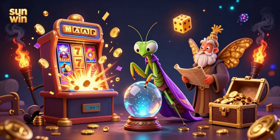 Engage with sun win's vibrant 3D cinematic illustration showcasing a mystical casino scene with fortune teller and jackpots.
