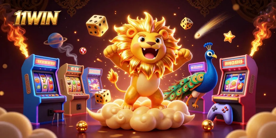 Experience thrilling slots and jackpots with 11WIN's vibrant casino illustration packed with playful elements.