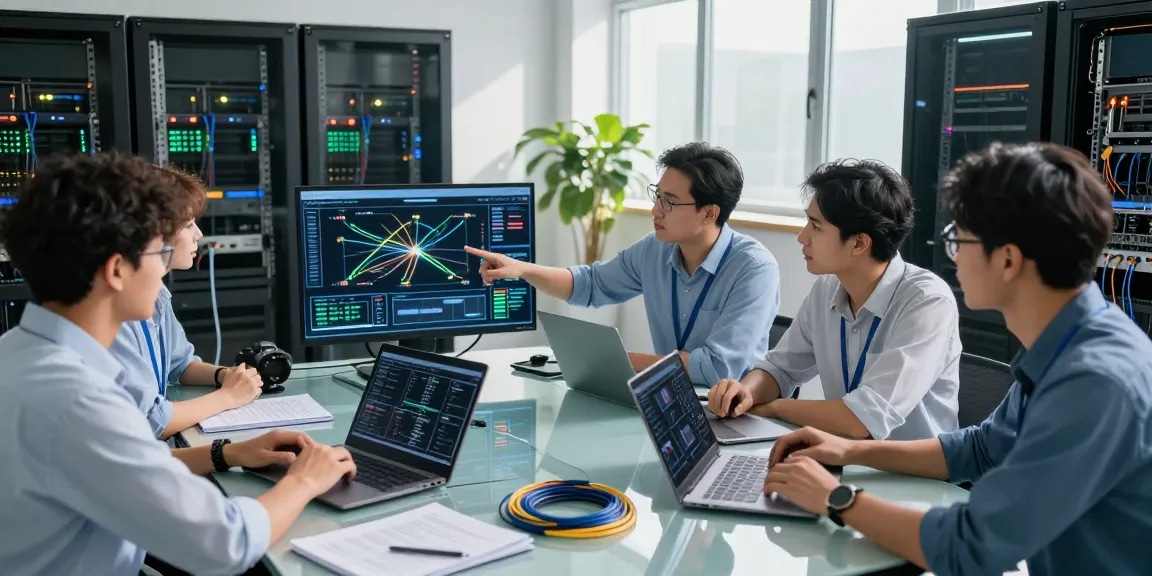 Engineers analyzing optical fiber in networking performance metrics in a high-tech data center environment.