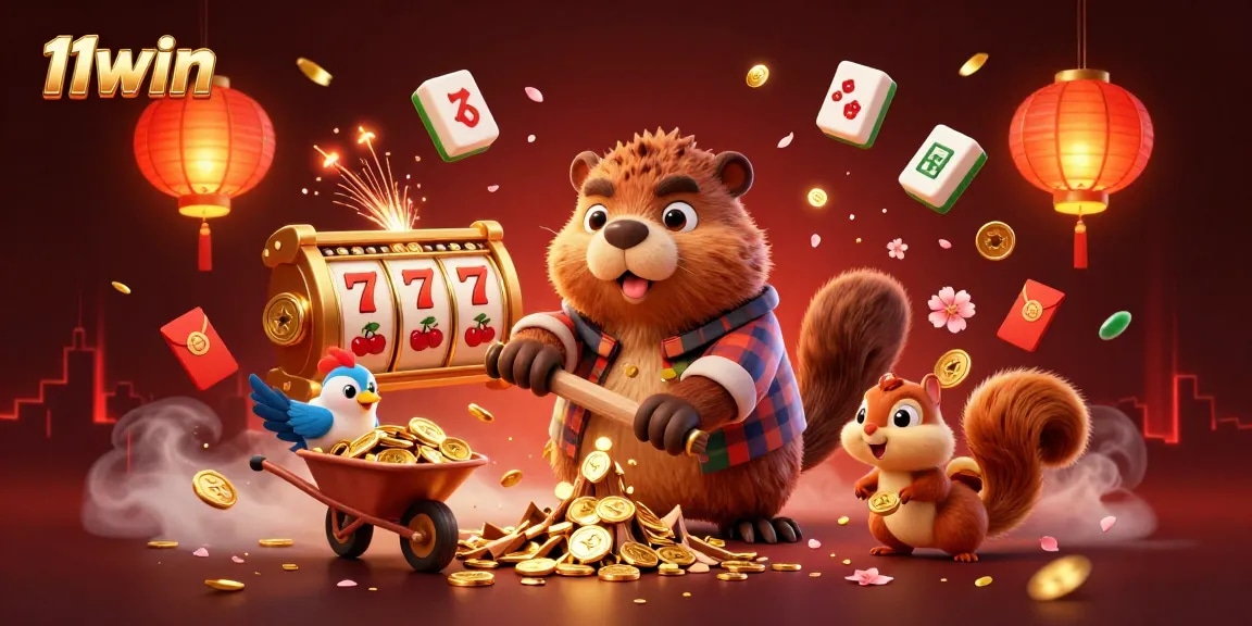 11WIN showcases a vibrant casino scene with a beaver and friends amid spinning slots and golden coins.