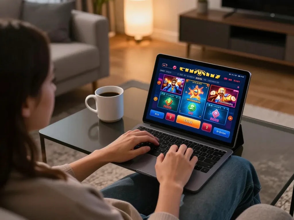 Engaging with CM88 casino app on tablet in a stylish home setting, showcasing dynamic gameplay.