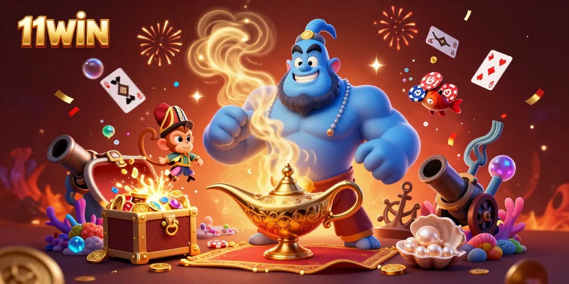 Engage with 11WIN's vibrant 3D illustration showcasing casino magic with treasures, characters, and festive effects.
