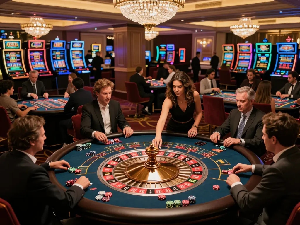 Excited players place bets at the five88 roulette table in a luxury casino ambiance.