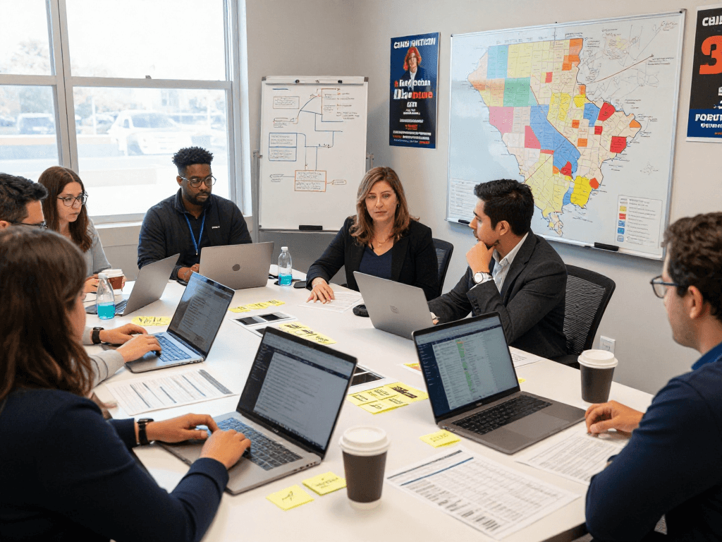 Collaborative team strategizing for ballot initiative campaign services with voter data and campaign materials.