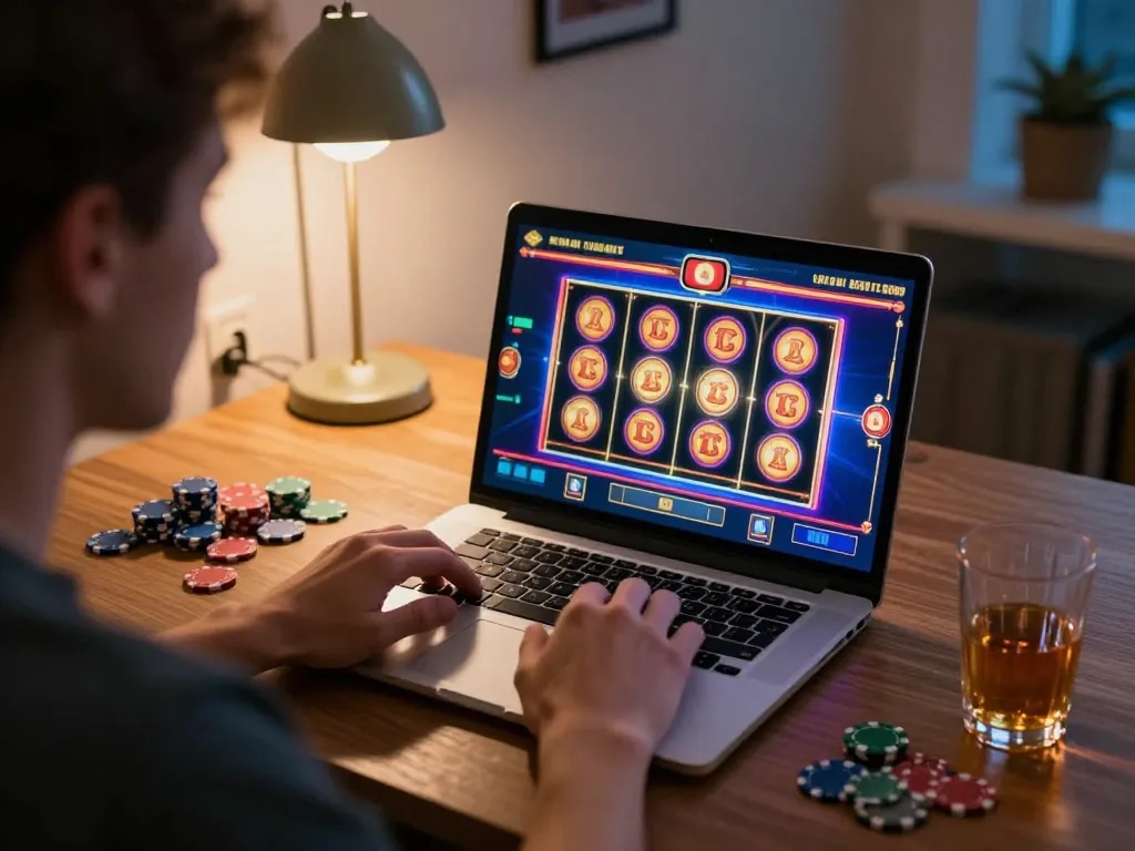 Player enjoys thrilling sunwin online casino gaming experience with colorful slots on laptop