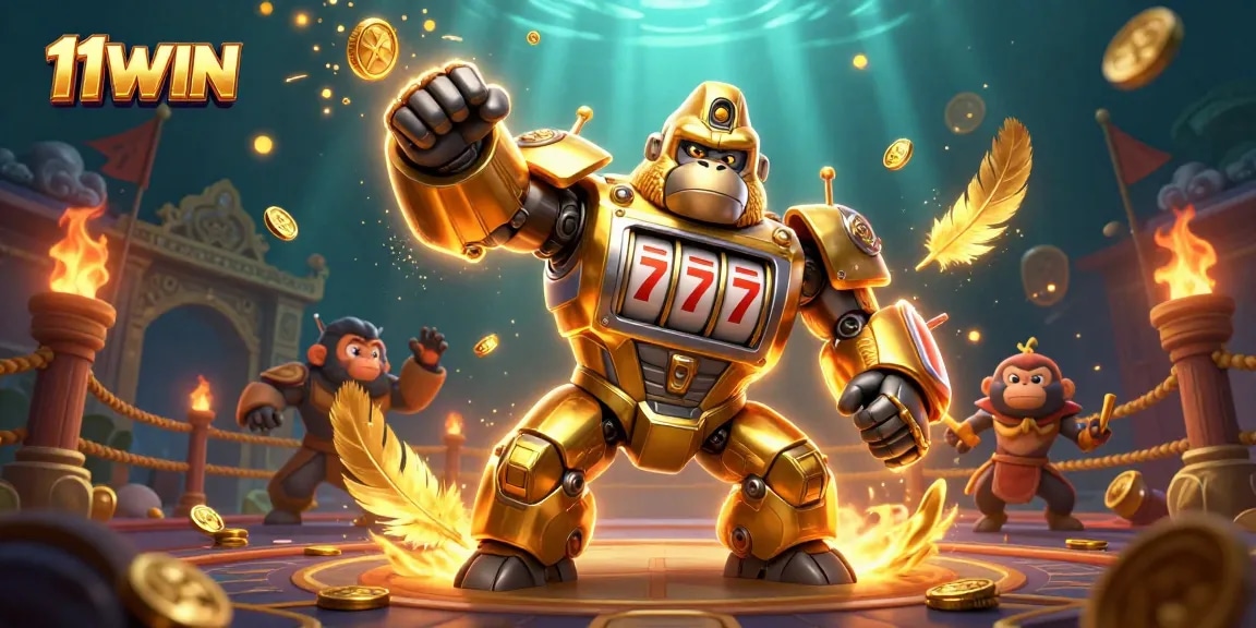 Engage with thrilling 11WIN gameplay featuring a powerful golden gorilla mech bursting with casino excitement.