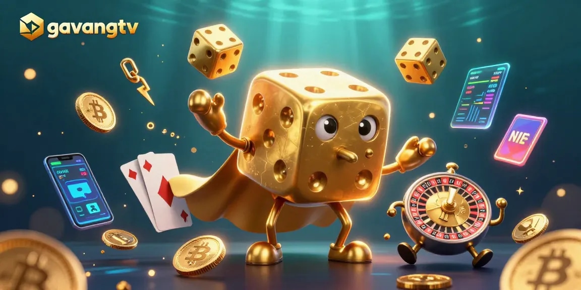 Experience the excitement of gavangtv with golden dice golem and crypto coins in dynamic casino illustration.